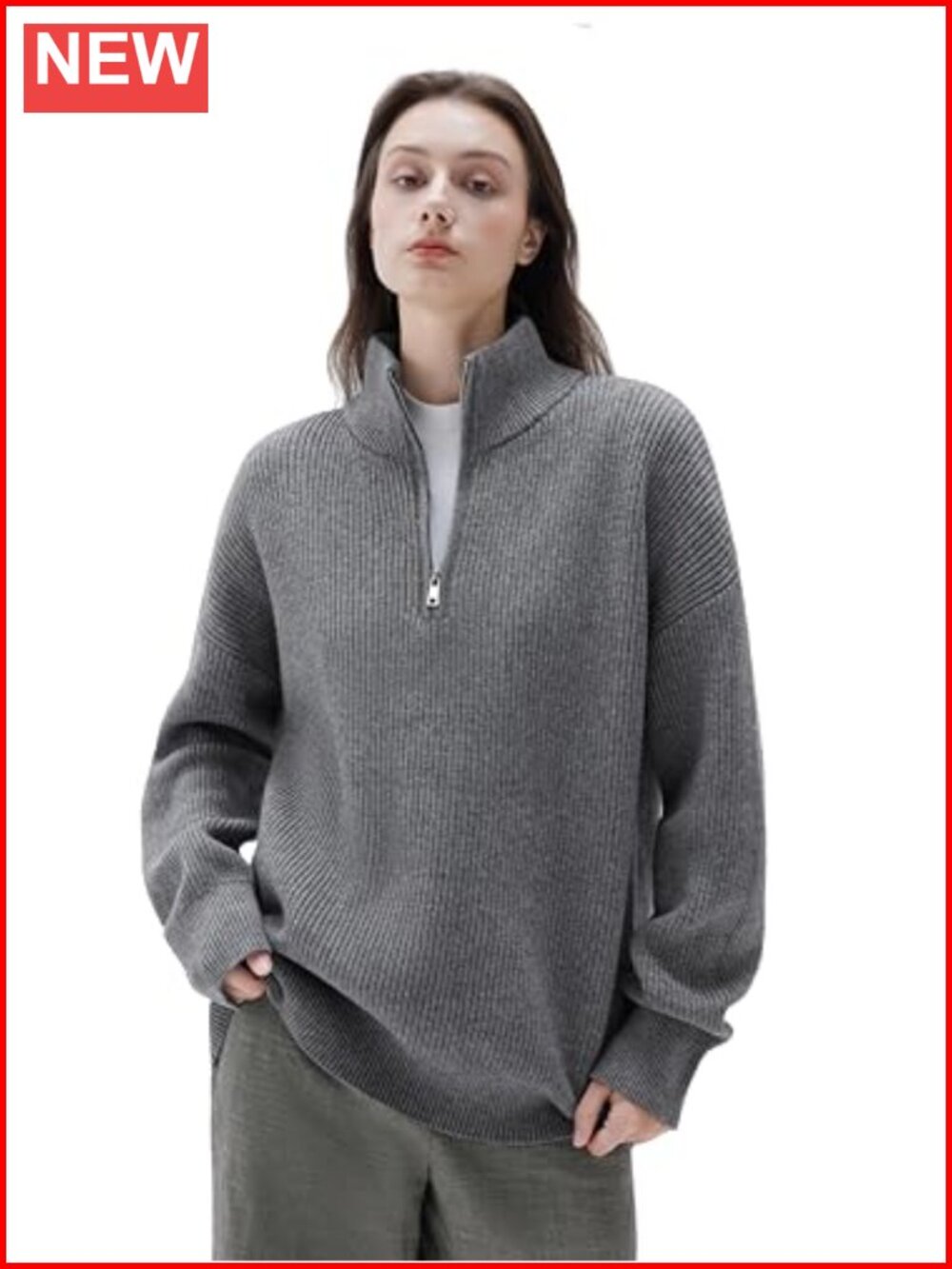 Cashmere Blend Oversized Quarter Zip Pullover Sweater Mock Neck Loose Fit Women